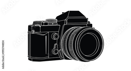Black and white outline of a classic single lens reflex camera
