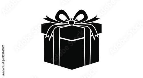 A black and white silhouette of a gift box with a bow