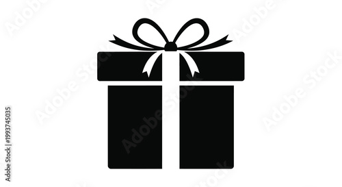 A simple black and white illustration of a gift with a bow