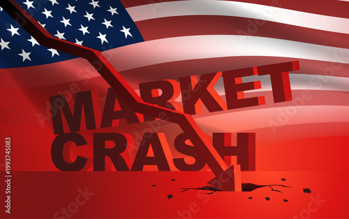 Downward arrow chart crashing, with the words Market Crash and USA flag displayed in red behind it. Illustrating economic downturns, financial crisis, or stock market failures