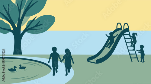 Children playing in a park with a slide, pond, and ducks