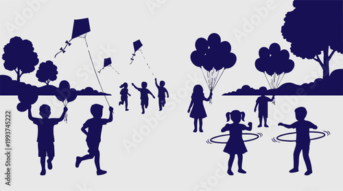 Silhouettes of children playing outdoors with kites, balloons, and hula hoops