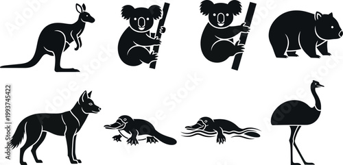 Australian animal silhouette icons, black wildlife vector set, kangaroo and koala nature symbols