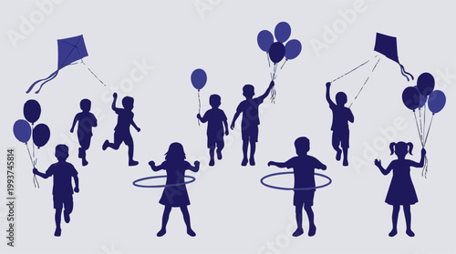 Silhouettes of happy children playing with kites, balloons, and hula hoops