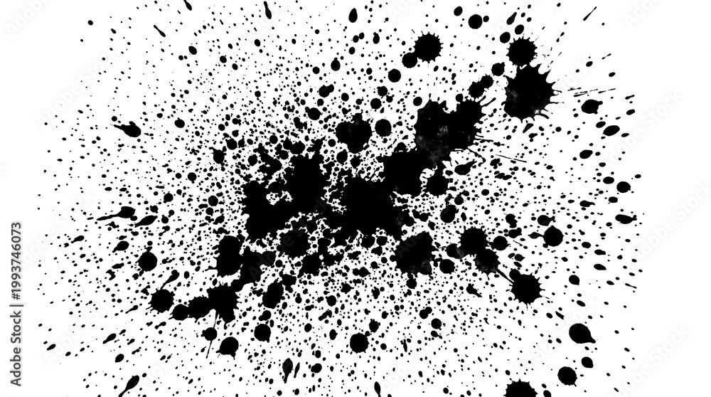 Fototapeta premium Black ink splatters and drops on white background creative abstract art design element
