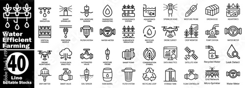 Smart water Water Efficiency farming management for agriculture line icons featuring automated valves, irrigation controllers soil moisture probes, and recycled plumbing solutions.
