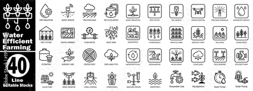 Water-efficient farming line icons. Collection for smart irrigation technology and agricultural management featuring precision sensors and hydroponics kits.
