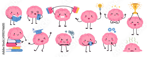 Brain education mascot character poses. Cute cartoon mind with idea, reading, winner with trophy cup, in graduation hat, scrolling, exercise vector set