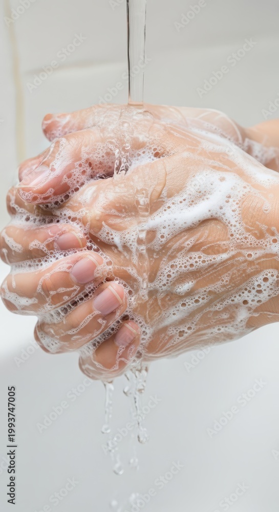 Fototapeta premium Close up view of soapy lather covering the surfaces of hands and palms during a thorough handwashing routine under running tap water for cleanliness, daily ritual, palms, rinsing
