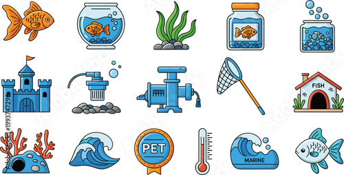 Vector Set of Fish Tank and Marine Life Icons, Featuring Fish, Water Tanks, Fishbowls, Aquatic Plants, and Pet Care Symbols for Aquatic and Pet Designs