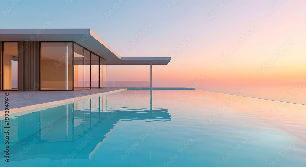 Fototapeta premium Modern luxury villa with infinity pool overlooking the ocean at sunset