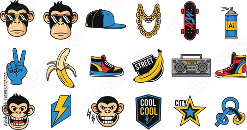 Vector Set of Fun Streetwear and Monkey Icons, Featuring Cool Monkeys, Skates, Sneakers, Banana, Street Elements, and Urban Fashion for Streetwear, Cool, and Trendy Designs