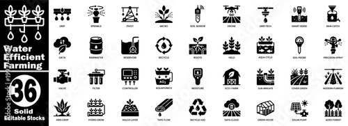 Water Efficiency farming icons set. Sustainable agriculture solid icons set for water efficiency, showing drip systems, solar pumps, rainwater reservoirs, and smart soil sensor technologies used.