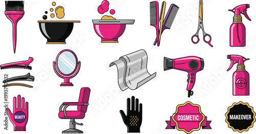 Vector Set of Hair Salon and Cosmetic Icons, Featuring Hair Brushes, Scissors, Blow Dryers, Hair Tools, Beauty Equipment, and Makeover Elements for Beauty, Salon, and Cosmetic Designs
