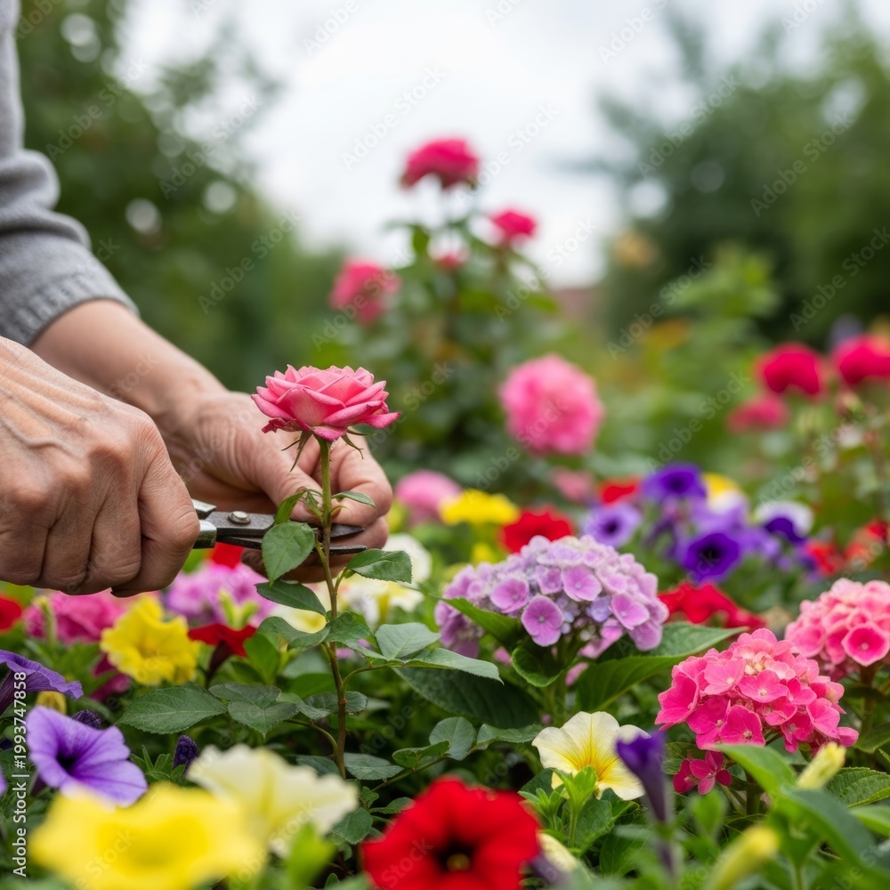Obraz premium Gardener Pruning Pink Rose in Colorful Flower Bed