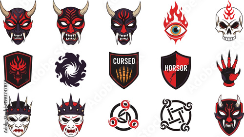 Vector Set of Horror, Cursed, and Demon Icons, Featuring Demon Masks, Skulls, Shields, and Dark Symbols for Fantasy and Horror Designs