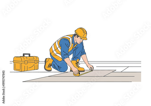 Hand drawn illustration of a construction worker measuring floor tiles at a work site