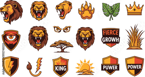 Vector Set of Lion and Power Icons, Featuring Fierce Lion Faces, Shields, Kingship, Strength Symbols, and Tribal Elements for Power, Leadership, and Strength Designs