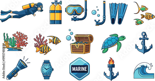 Vector Set of Marine and Diving Icons, Featuring Scuba Divers, Fish, Coral Reefs, Turtles, and Ocean Symbols for Underwater Exploration Designs