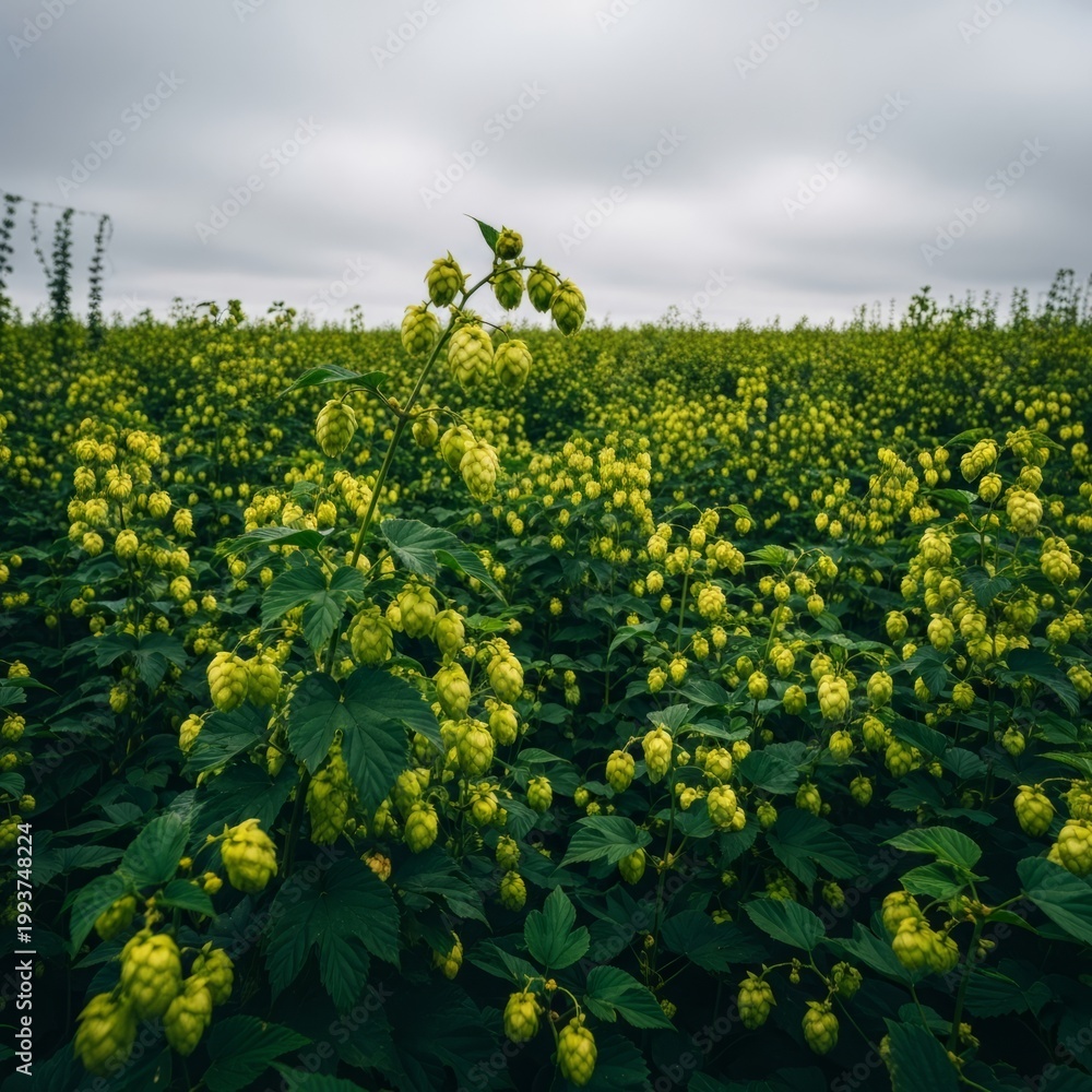 Obraz premium Hop Field with Green Buds on Overcast Day