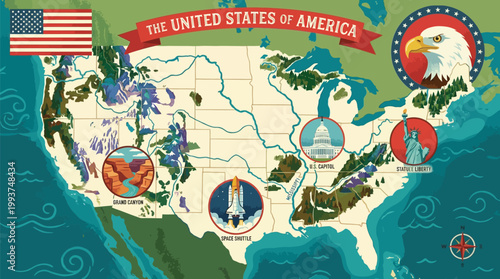 Map of the United States displays iconic national landmarks and symbols including the bald eagle, space shuttle, and capital buildings in an artistic style.