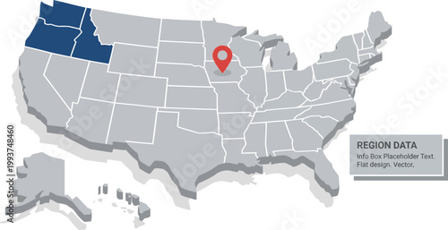 Map of the United States features a highlighted Pacific Northwest region and a red location pin placed in the Midwest to indicate specific geographic data points.