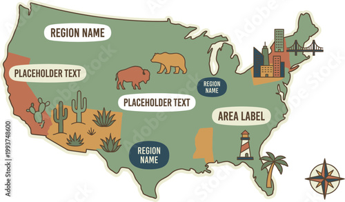 United States thematic map highlights regional environmental characteristics and iconic landmarks with customizable text placeholders.