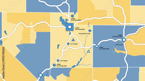 Transport map shows interconnected routes and hub locations on a simplified blue and yellow background.