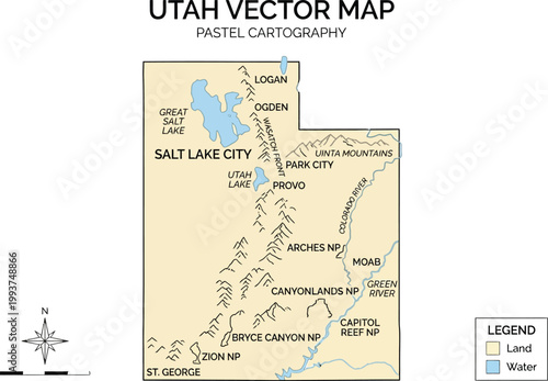 Utah vector map outlines national parks and mountain ranges within a soft pastel color palette for educational geography.