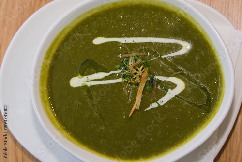 Wild Garlic Cream Soup Served in a Bowl