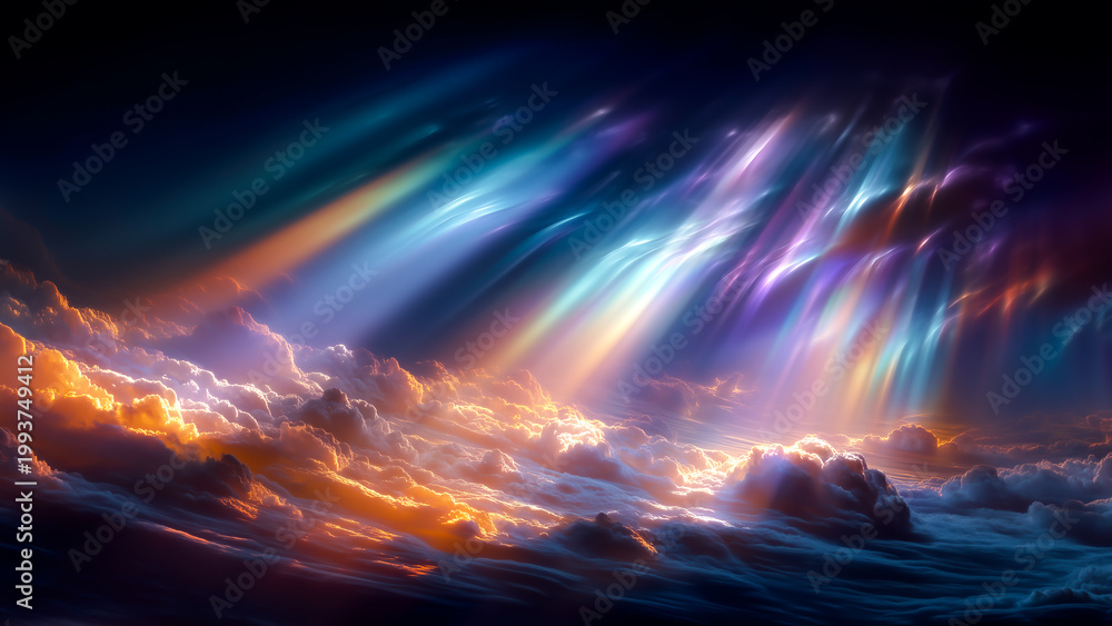 Naklejka premium Celestial Symphony: A breathtaking depiction of the cosmos, where vibrant light beams pierce through voluminous clouds, illuminating the heavens in a spectrum of colors.