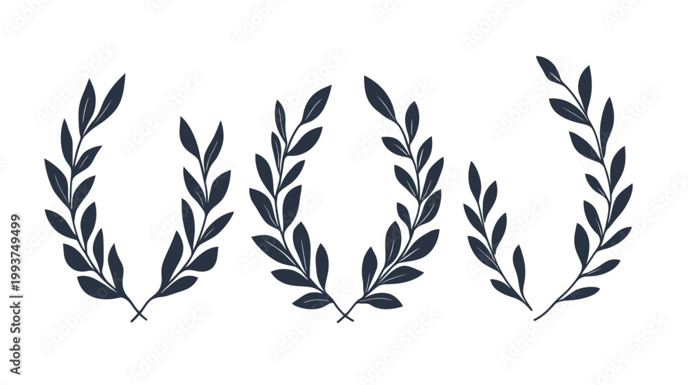 Fototapeta premium A vector illustration features three wreaths crafted from stylized dark leaves, set against a white backdrop