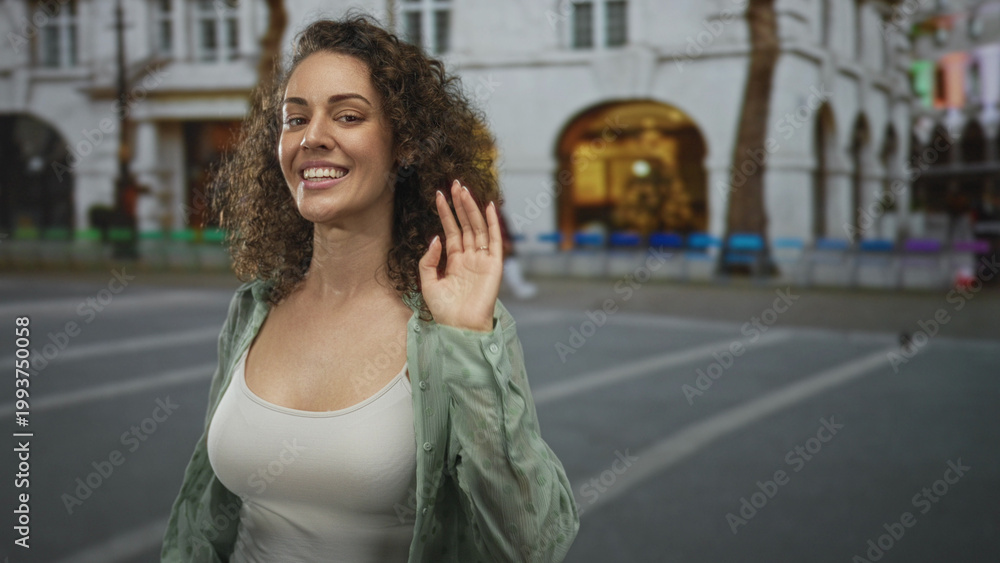 Fototapeta premium Woman smiling with visible cleavage and relaxed pose on a city street near arched building and bench, wearing white tanktop and sheer green shirt; urban contentment.