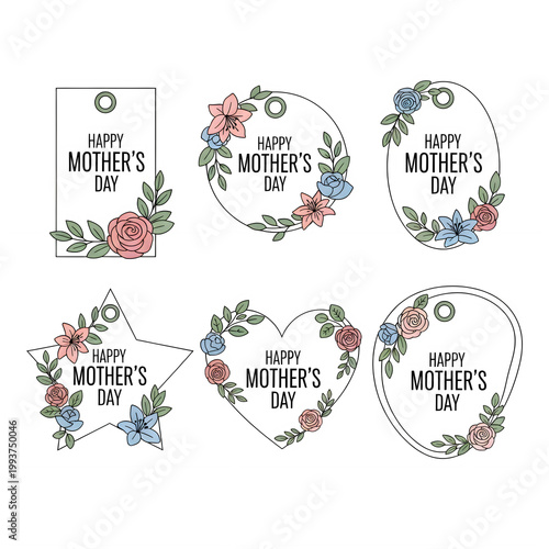 Collection of hand drawn tags and labels with happy mothers day text and floral decoration.