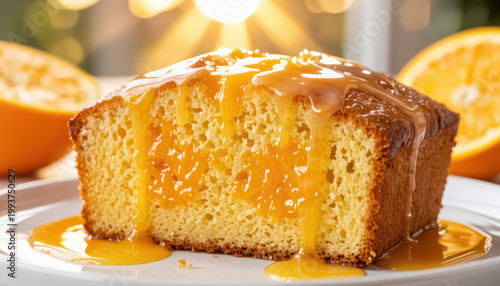 A loaf of cake sits on a plate, topped with orange glaze. Fresh orange slices surround the cake, highlighting its moist texture and bright color.