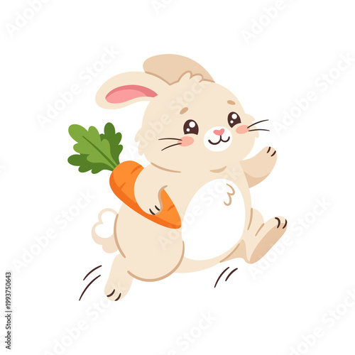 A cute cartoon rabbit runs happily with a fresh green carrot leaf.