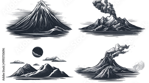 Four black and white illustrations of mountains, volcanoes, clouds, and a moon