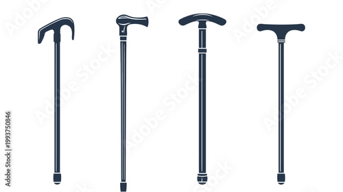Silhouetted illustration of four walking aids with varied handle designs in dark blue