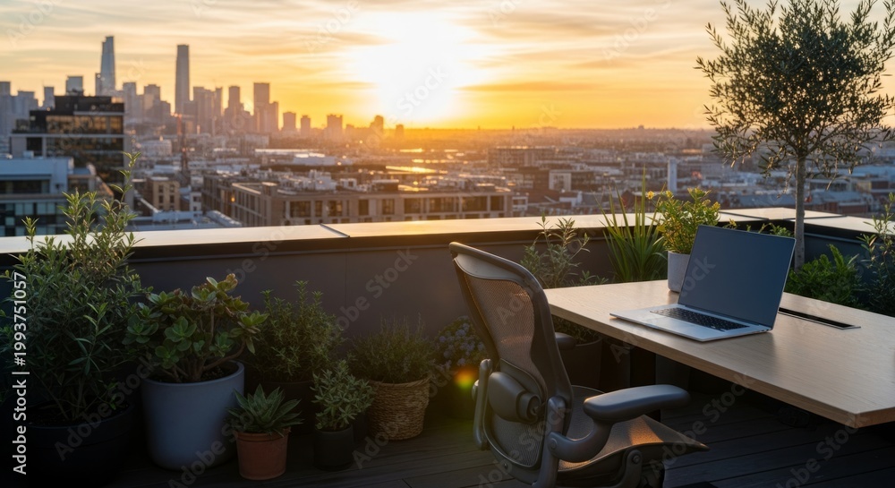 Fototapeta premium Rooftop Workspace with Laptop at Golden Hour Sunset