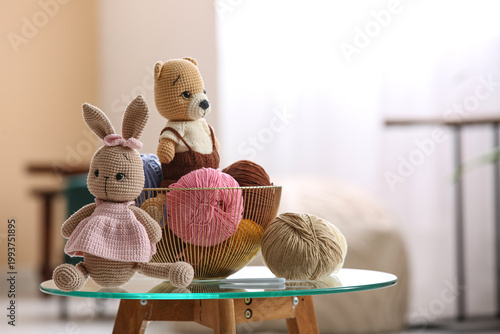 Bowl with knitted toys and ...