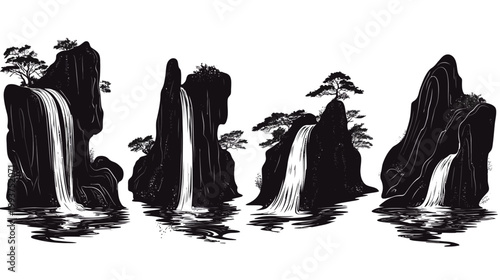 Black and white illustration of cascading waterfalls and rock formations