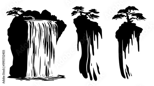 Black and white illustration of cascading waterfalls and bonsai trees on rock formations