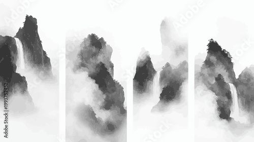 Black and white scenic painting depicting mountains, waterfalls, and mist