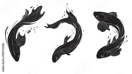 Three stylized, dark fish swim across a white background, suggesting movement and fluidity