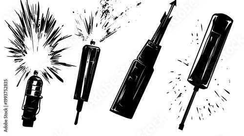 Monochrome illustration of four tools, including exploding and pointed devices, on a white background