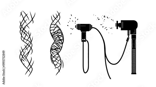 Black and white illustration depicting a DNA-like structure, hair dryer, and a medical instrument