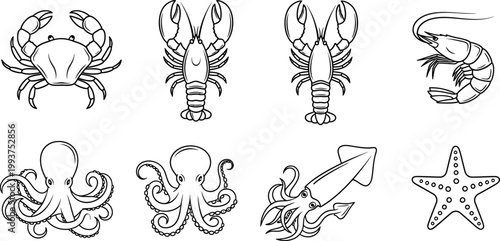 Collection of seafood outlines including crab, lobster, shrimp, octopus, squid,.