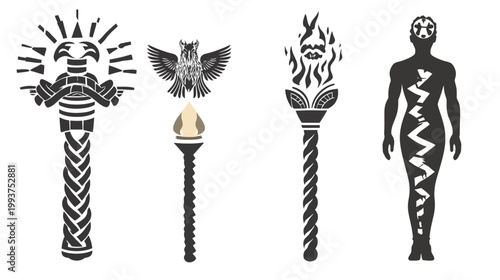 Silhouettes of torch designs, a human figure with internal structures. Abstract elements