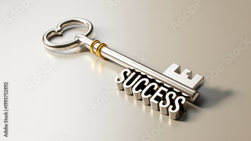A shining vintage key with the word success lies on a reflective surface representing achievement and opportunity