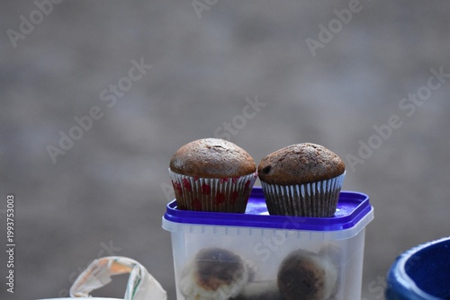 Chocolate muffins on a purple plastic container on a gray background